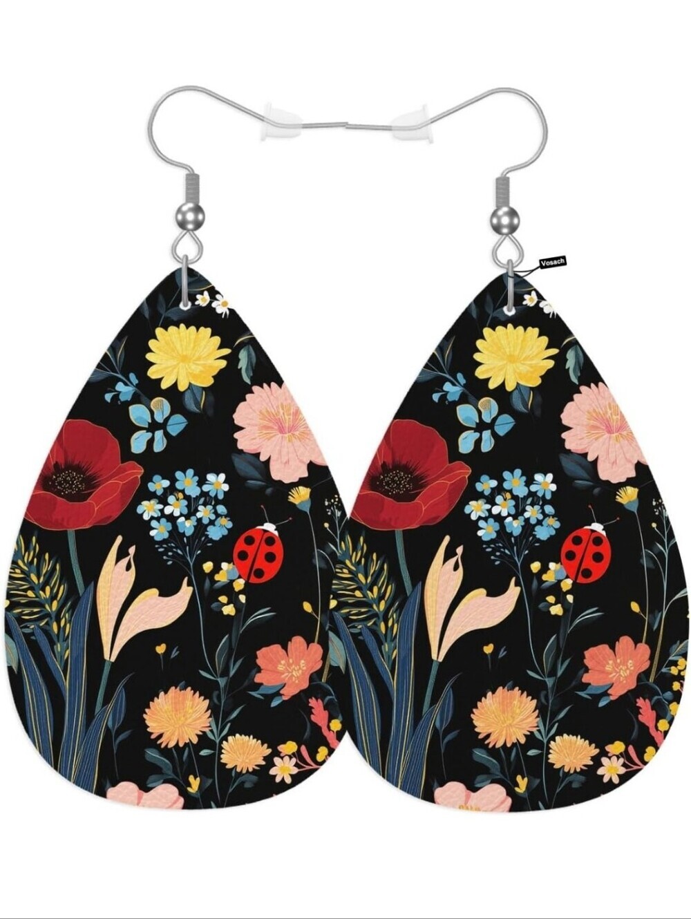 Floral Ladybug Teardrop Earrings - Black Multi